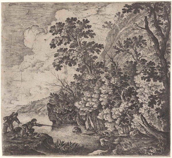 Hunters in a river in a mountainous landscape, attributed to Herman Saftleven, 1626 - 1685
