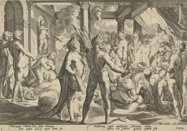 Phaethon asks his father if he could ride in his wagon, Hendrick Goltzius, Franco Estius, 1590