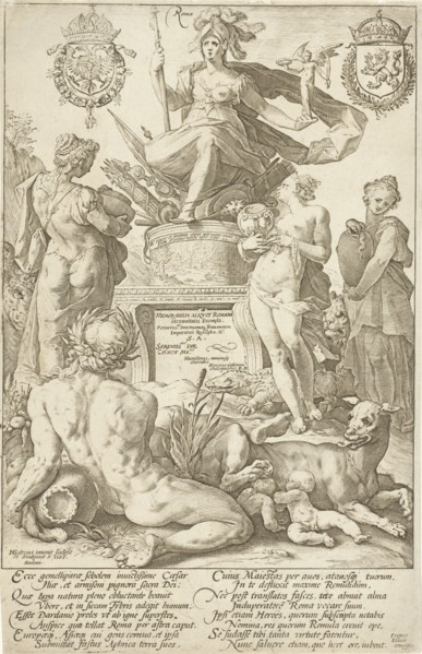 Title print for print series The Roman heroes, Hendrick Goltzius, 1586