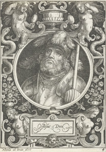 Portrait of Joshua medallion inside rectangular frame with ornaments, Nicolaes de Bruyn, 1594