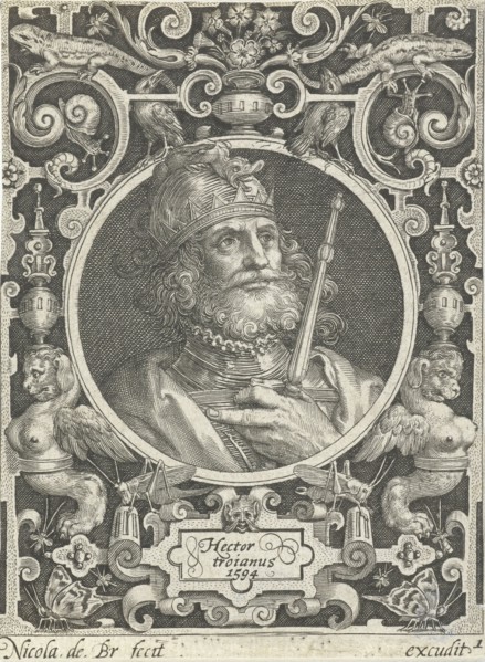 Portrait of Hector of Troy in medallion inside rectangular frame with ornaments, print maker: