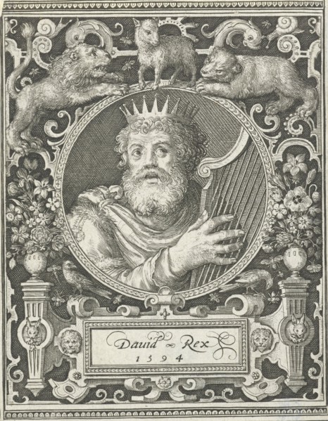 Portrait of King David, medallion inside rectangular frame with ornaments, print maker: Nicolaes de