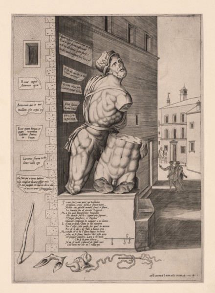 The statue Pasquino, standing on a pedestal in the Piazza di Pasquino in Rome, Italy, Antonio