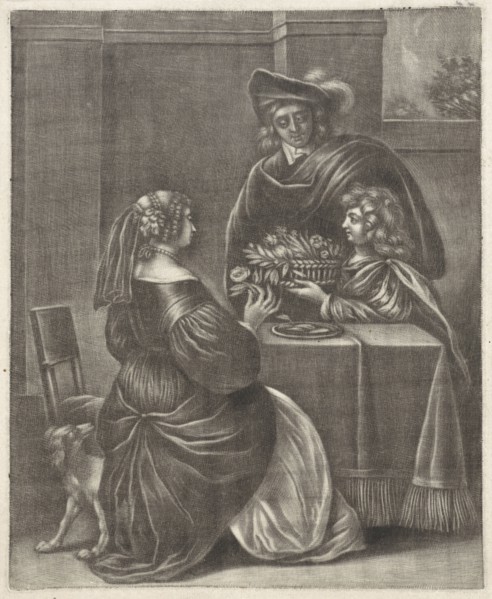 Boy offering a basket of flowers, print maker: Jan van Somer