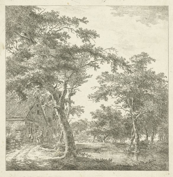 Three figures on a bridge before a house, print maker: Hermanus van Brussel, c. 1800 - in or before
