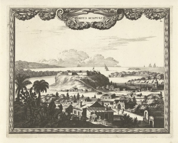 View of port and fortress in Acapulco, Thomas Doesburgh, Johannes Covens and Cornelis Mortier,