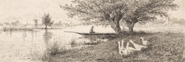 River Landscape with a man in a boat and geese on the bank, Elias Stark, 1887