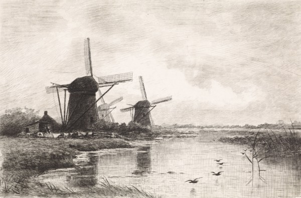 Landscape with three windmills along a canal, Elias Stark, 1887