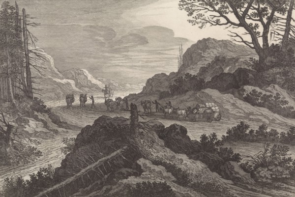Mules on a road, print maker: Pieter Nolpe, Adriaen van Nieulandt I, Nicolaes Visscher I, 1623 -