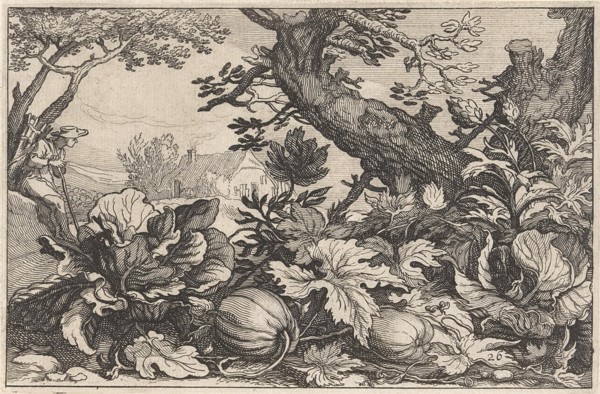 Landscape with pumpkins and coal, Claes Jansz. Visscher (II), Abraham Bloemaert, BoÃ«tius Adamsz.