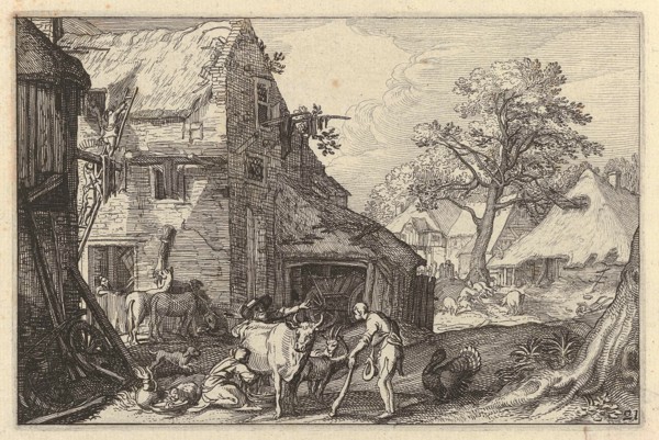 Farmyard with people and livestock, Claes Jansz. Visscher (II), Abraham Bloemaert, Jan Saenredam,