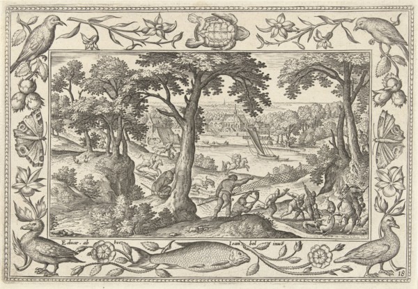 Boar Hunt, print maker: Adriaen Collaert, Hans Bol, Eduwart van Hoeswinckel, 1582 - 1586