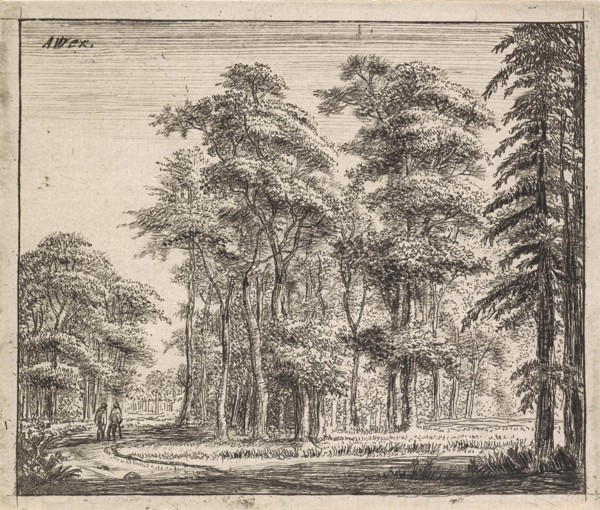 Two Figs on a winding path in a forest, print maker: Jan Ruyscher, print maker: Anthonie Waterloo,