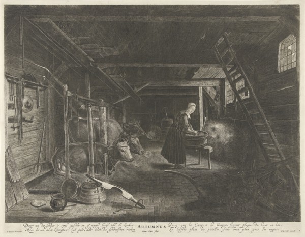 Stable with cows: the autumn season, print maker: Pieter Nolpe, Pieter Symonsz. Potter, Frederik de