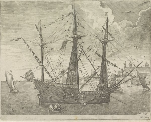 Three-master anchor at a town, Frans Huys, unknown, 1561-1565