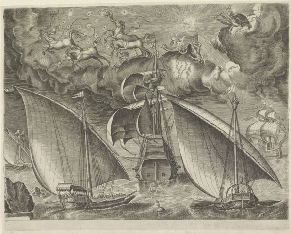 Two galleys behind a three-master, airborne fall of Phaeton, Pieter Brueghel (I), 1561 - 1565
