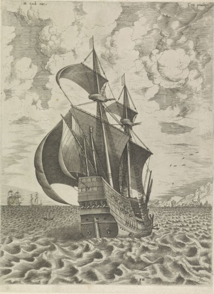 Warship towards the harbor, print maker: Frans Huys, Pieter Brueghel I, Hieronymus Cock, 1561 -
