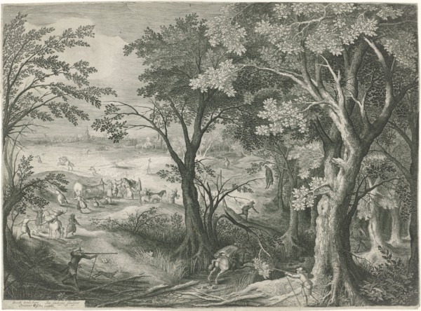 Highwaymen robbery travelers in a landscape, Jan van Londerseel, Claes Jansz. Visscher (II), 1601 -