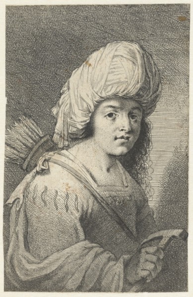 Portrait of a boy with turban, quiver and hammer, print maker: Pieter Fransz. de Grebber, 1610 -