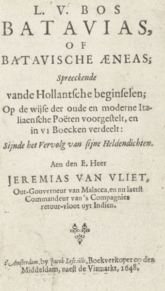 Title page for: L.V. Bos, Batavias or Batavian Aeneas, Amsterdam, 1648, Jacob Lescailje, 1648