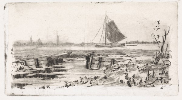 Sailing ship on a river, Elias Stark, 1859 - 1888