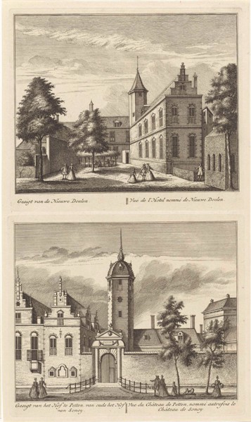 Alkmaar with Nieuwe Doelen and the Hof van Sonoy, The Netherlands, print maker: Leonard Schenk,