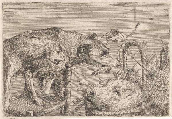 Two dogs and a basket with food, print maker: Anonymous, Frans Snijders, 1593 - 1707