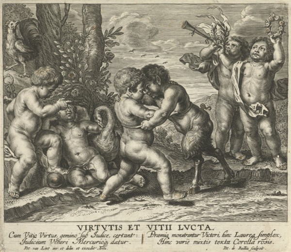 Allegory with combat between putto satyr and child as virtue and vice, Pieter de Bailliu I, Peter