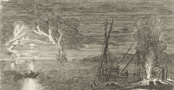 Night Scene with fishermen standing by a fire, print maker: Anonymous, Reinier Nooms attributed to,