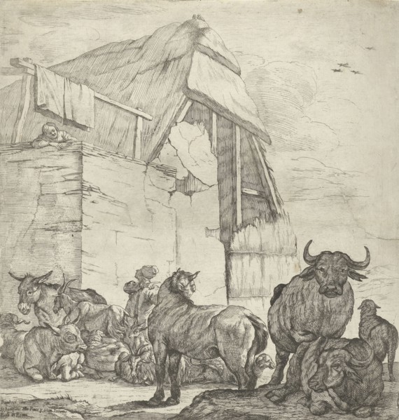 Resting cattle on a farm, Jan van Ossenbeeck, Giovanni Giacomo Rossi, 1647-1655