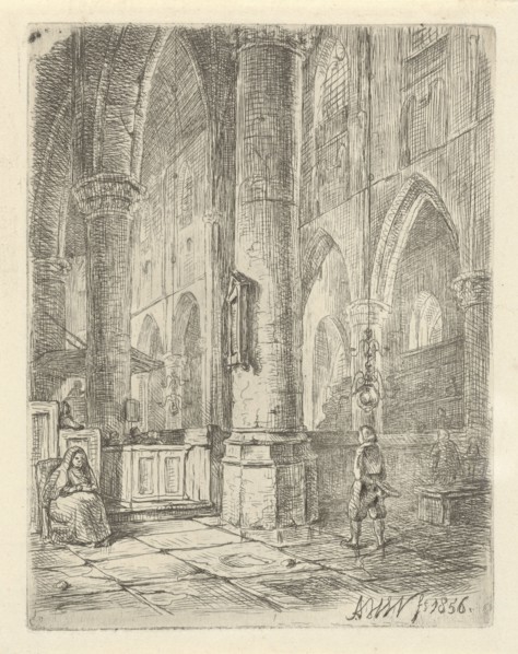 Church Interior with a boy and a seated woman, Adrianus Wilhelmus Nieuwenhuyzen, 1856