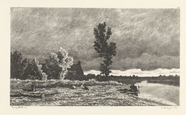 Landscape with a woman who does the laundry, print maker: Alexander Mollinger, 1860