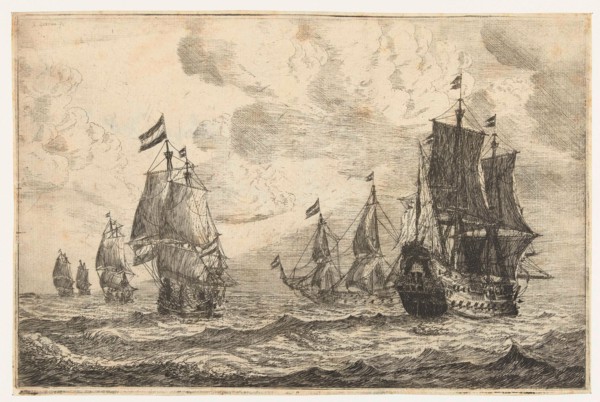 Six sailing ships on the high seas, Reinier Nooms, 1650-1664