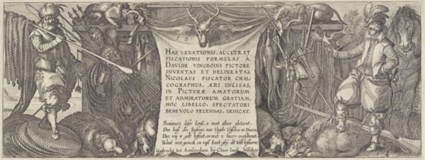 Title print for a series about hunting for birds, fish and mammals, Claes Jansz. Visscher (II),