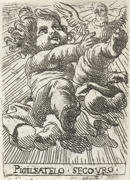 Child with dove on a cloud, print maker: Cornelis Schut I