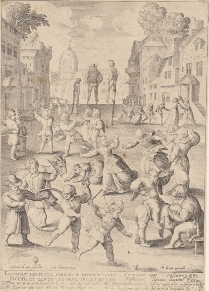 First life phase of ten years, with children playing, Nicolaes de Bruyn, Pieter Goos, 1598 - 1602