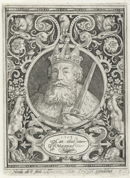 Portrait of Charlemagne in medallion inside rectangular frame with ornaments, Nicolaes de Bruyn,