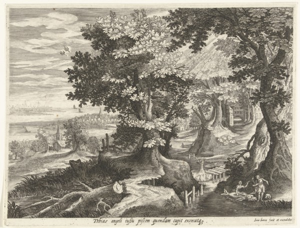 Landscape with Tobias and the Archangel Raphael cleaning fish, Johan Barra, Giovanni Domenico