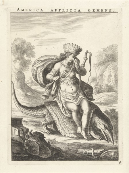 Female personification of America as a woman with headdress of feathers and bows, sitting on a
