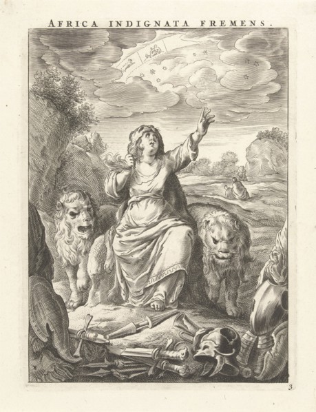 Female personification of the continent of Africa as a woman with lion's skin, sitting between
