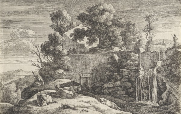 Landscape with cows and a spinner, Herman van Swanevelt, 1643 - 1655