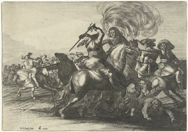 Battlefield Scene with riders fighting, Willem van de Lande, Claes Jansz. Visscher (II), 1635 -