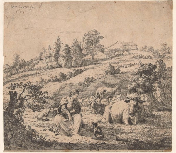 Hill landscape with shepherd dog near a resting flock, print maker: Karel Dujardin, 1653