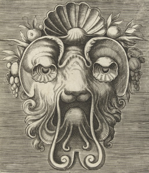 Mask with shell-shaped eyes and a shell between fruit bunches on the forehead, Frans Huys, Cornelis