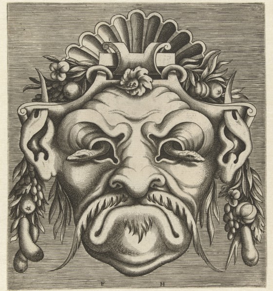 Mask with two snakes that look out of the eye sockets, Frans Huys, Cornelis Floris (II), Hans