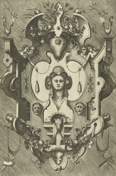 Cartouche with the head of a woman wearing three shells in her hair, print maker: Pieter van der