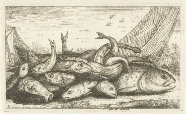 Fishes on the grass, print maker: Albert Flamen, Jacques Lagniet, Lodewijk XIV koning van