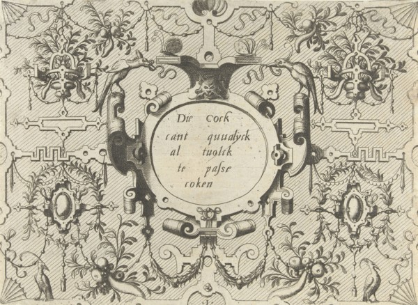 Cartouche surrounded by grotesques, left and right is a bird, Johannes or Lucas van Doetechum, Hans