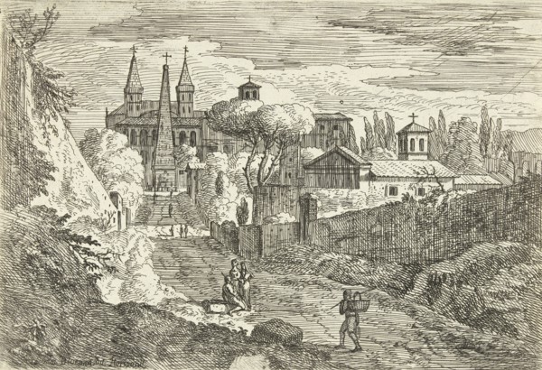 Italianate landscape with travelers on city walls, Jan Frans van Bloemen, 1689 - 1749