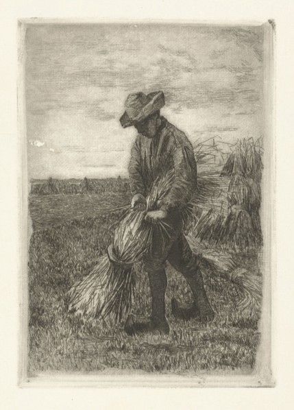 Man binds sheaf on field with corn, Johanna HenriÃ«tte Besier, 1875 - 1944